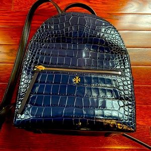 Tory Burch blue leather croc embossed backpack Gently used excellent condition.